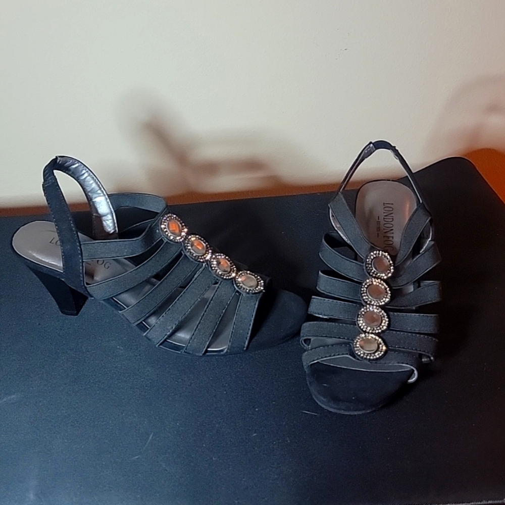London Fog Nanci Dress Heels Black Stretch Womens Size 6.5
